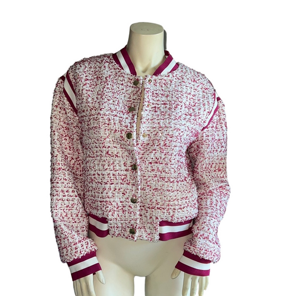 ALICE + OLIVIA Keri Varsity Bouclé-Tweed Bomber Jacket. Size Large. - Picture 7 of 12
